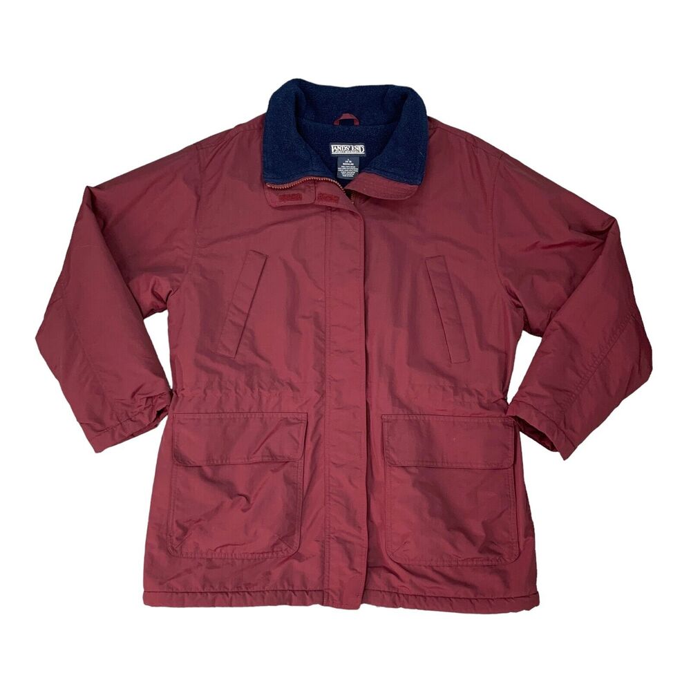 Lands End Winter Coat Womens L Large Burgundy Fleece Insulated Full Zip *READ